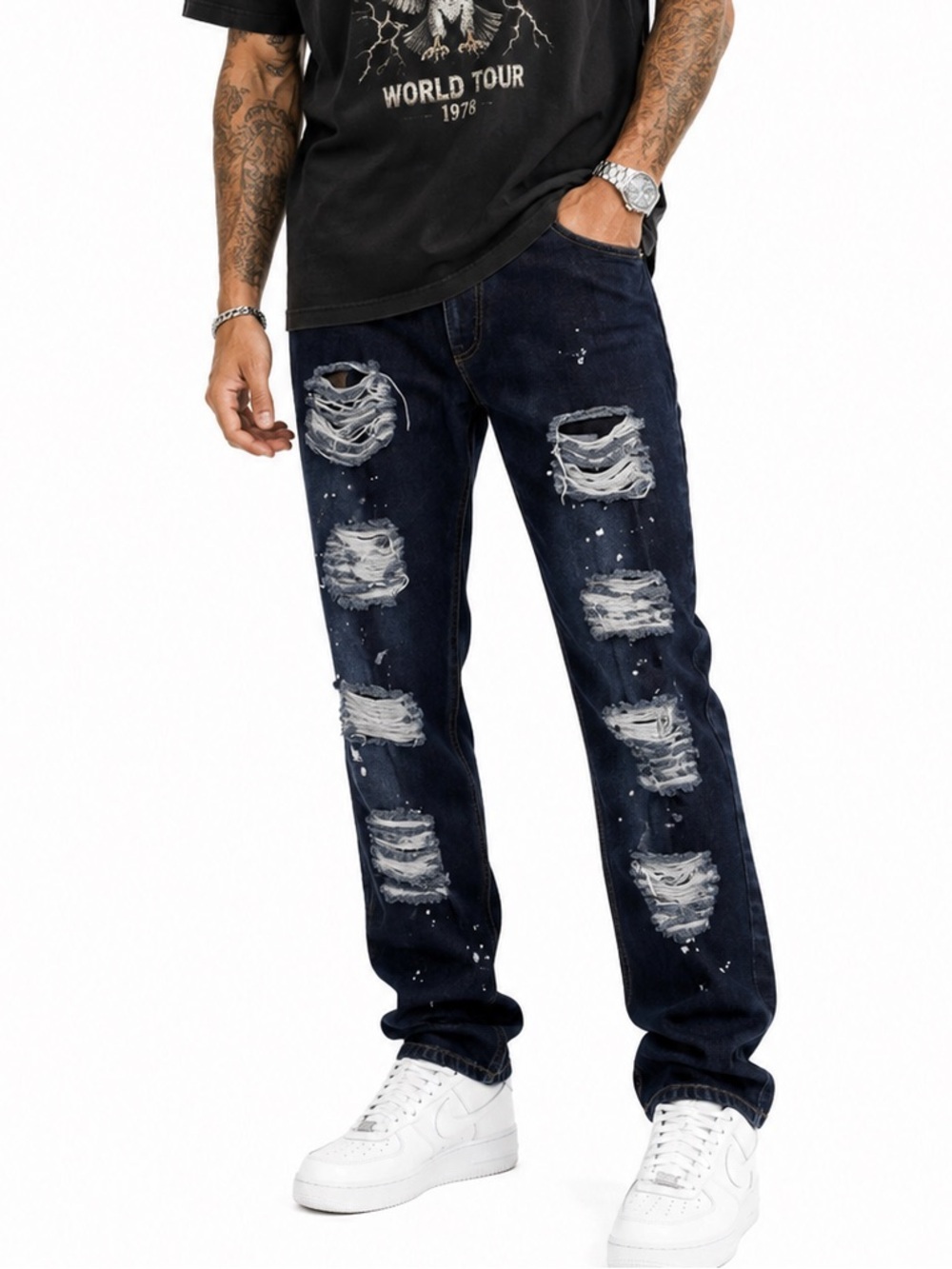 NOBEL MENS DARK BLUE DISTRESSED JEANS SZ 34